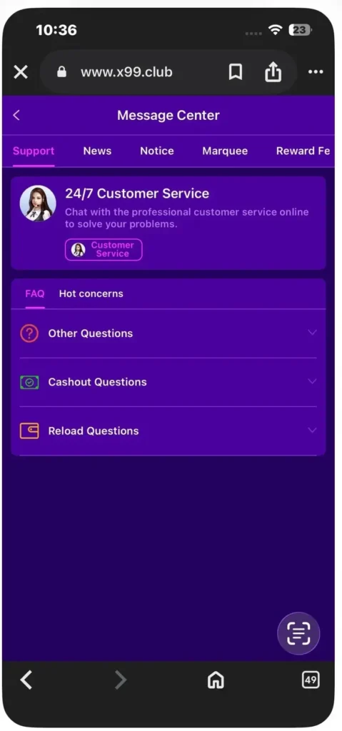X99 game APK interface showing customer service