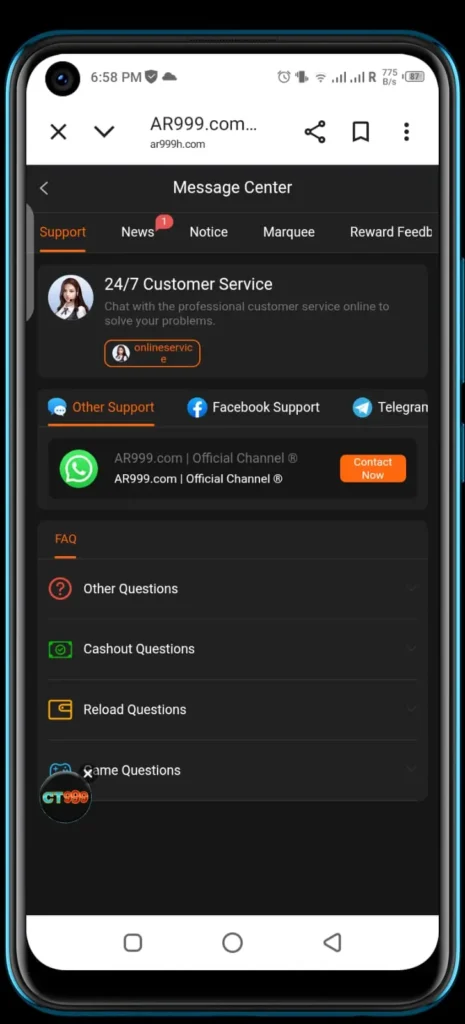 AR999 APK 24/7 customer support for players in Pakistan