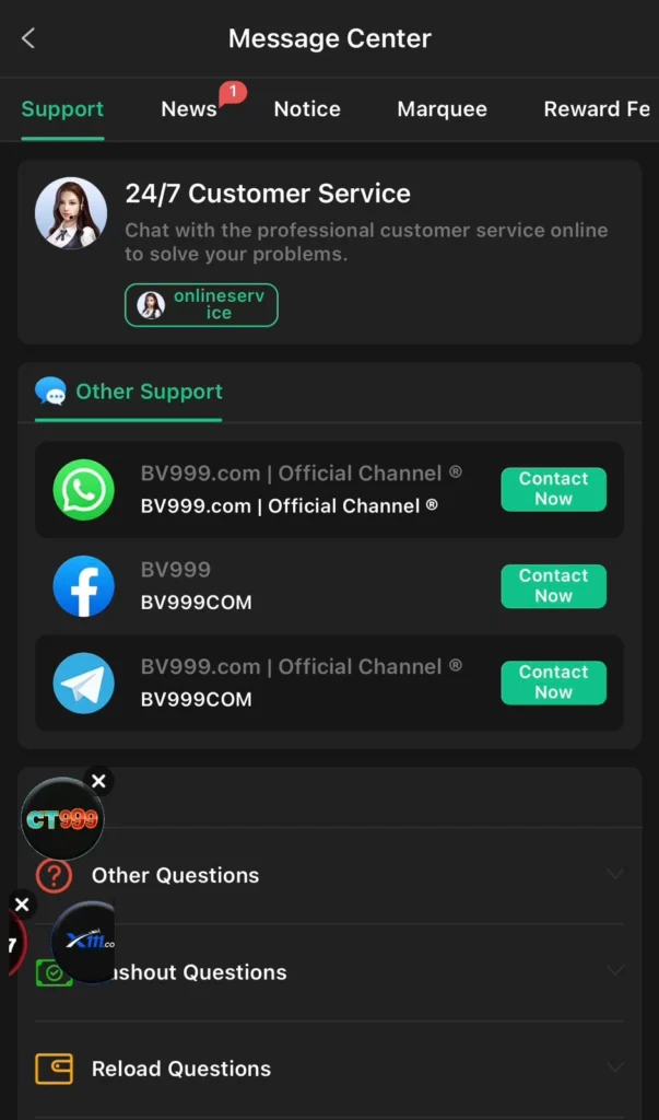 CUSTOMER SUPPORT SERVICE.  BV999 game apk download