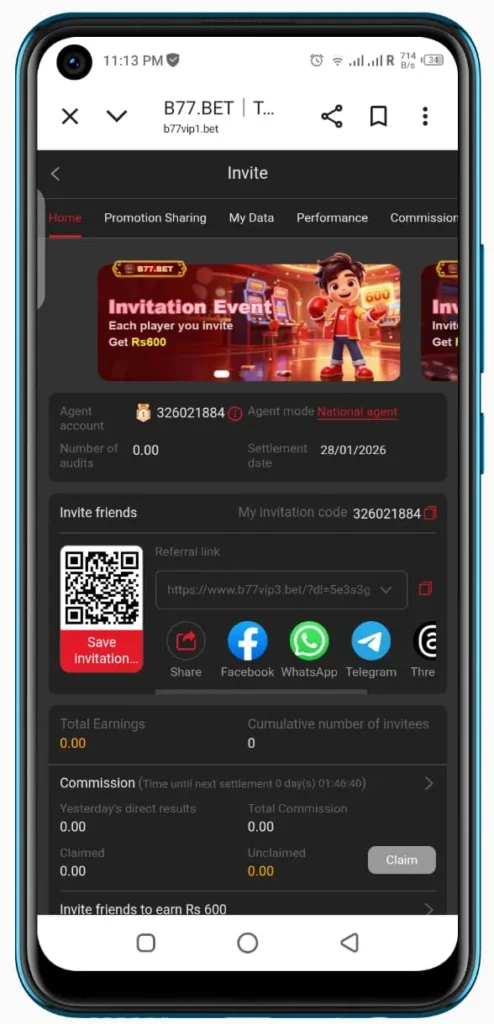referral process in b77.bet apk