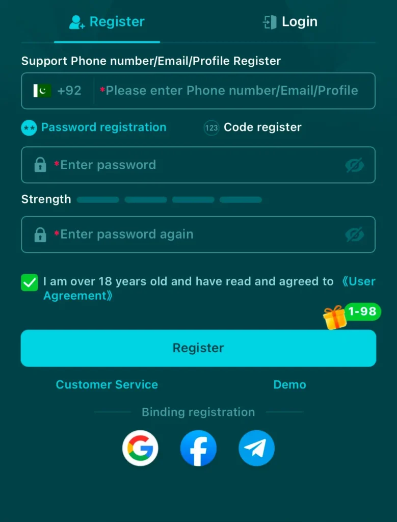 hh98.com registration screen
