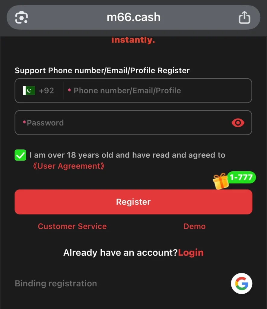 registration in m66 apk