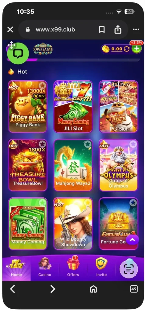 X99 game APK interface showing game library 1