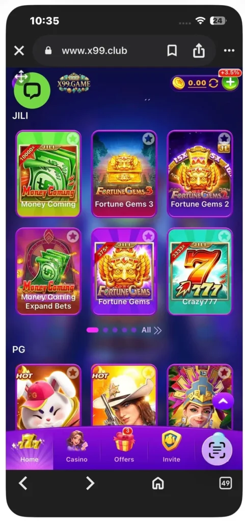X99 game APK interface showing game library 3