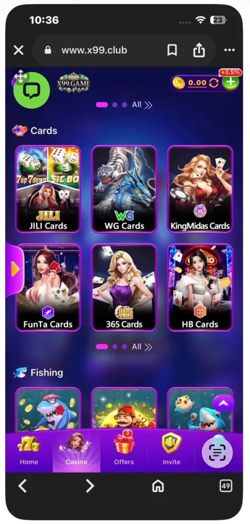 X99 game APK interface showing game library 5