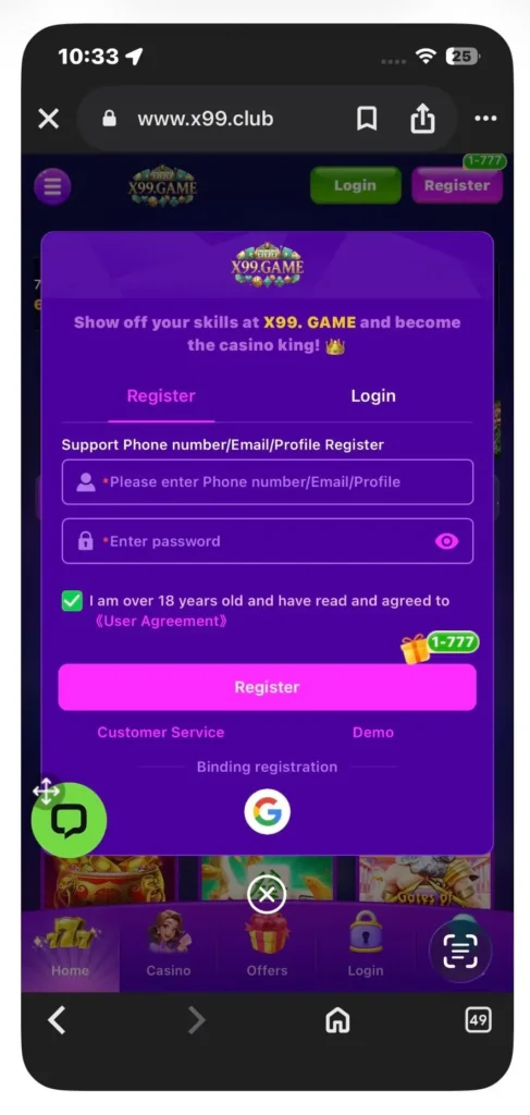 X99 Game APK registration page screenshot for new users
