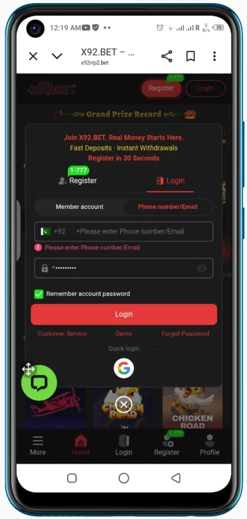 registration in x92.bet game apk