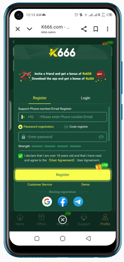 screenshot showing registration process in k666 game apk