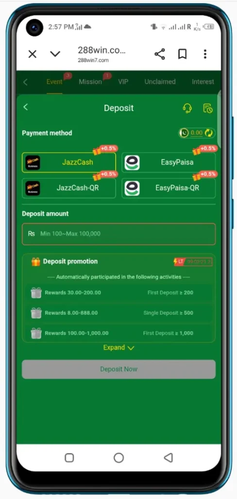 288win transaction (withdraw and deposit)