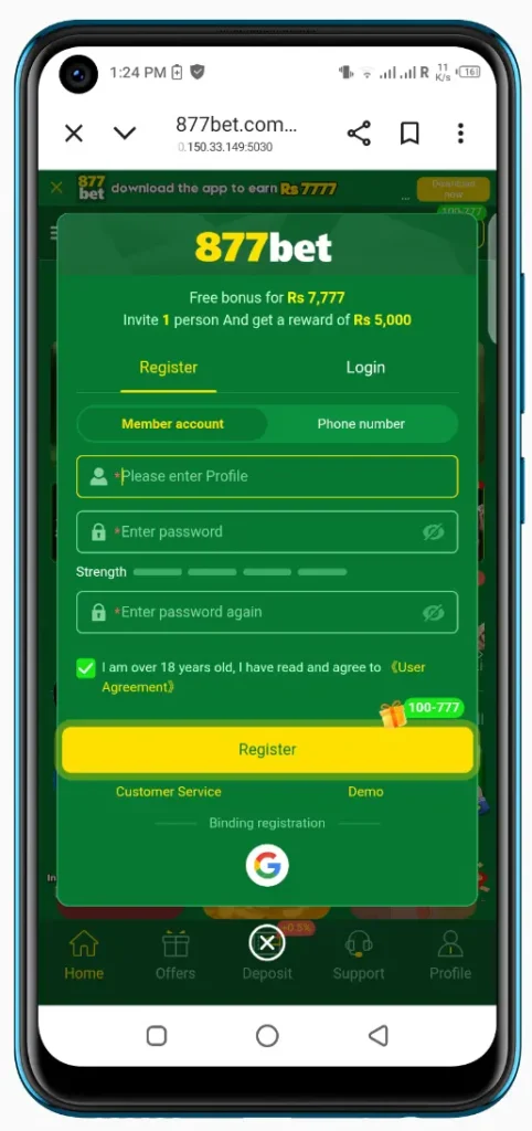 877Bet signup screen with registration form