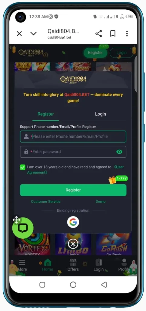 Qaidi804 APK registration screen with phone number signup form.