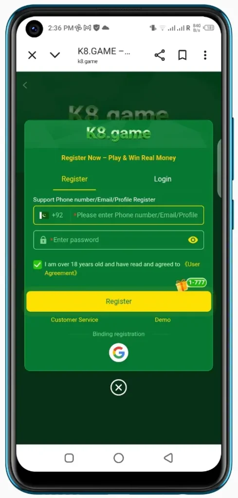 registration of k8 game
