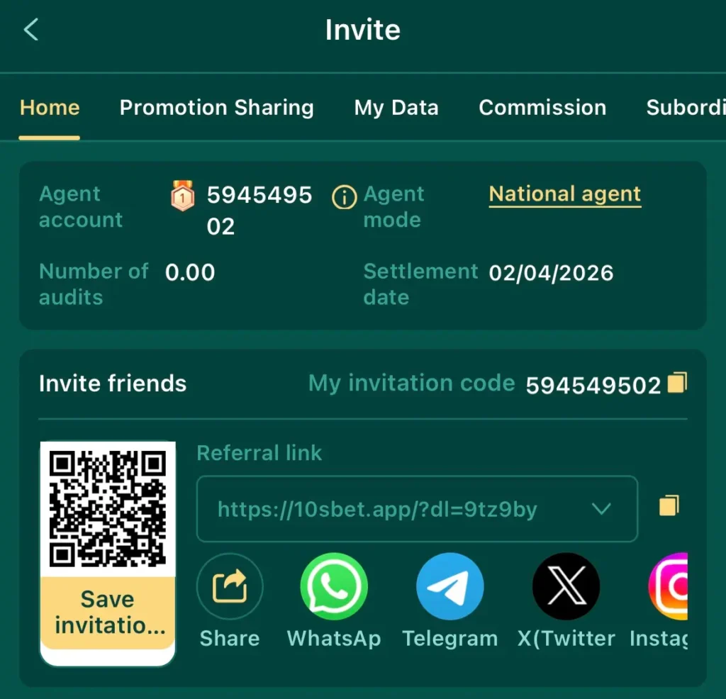 10s Bet invite interface with referral link sharing option