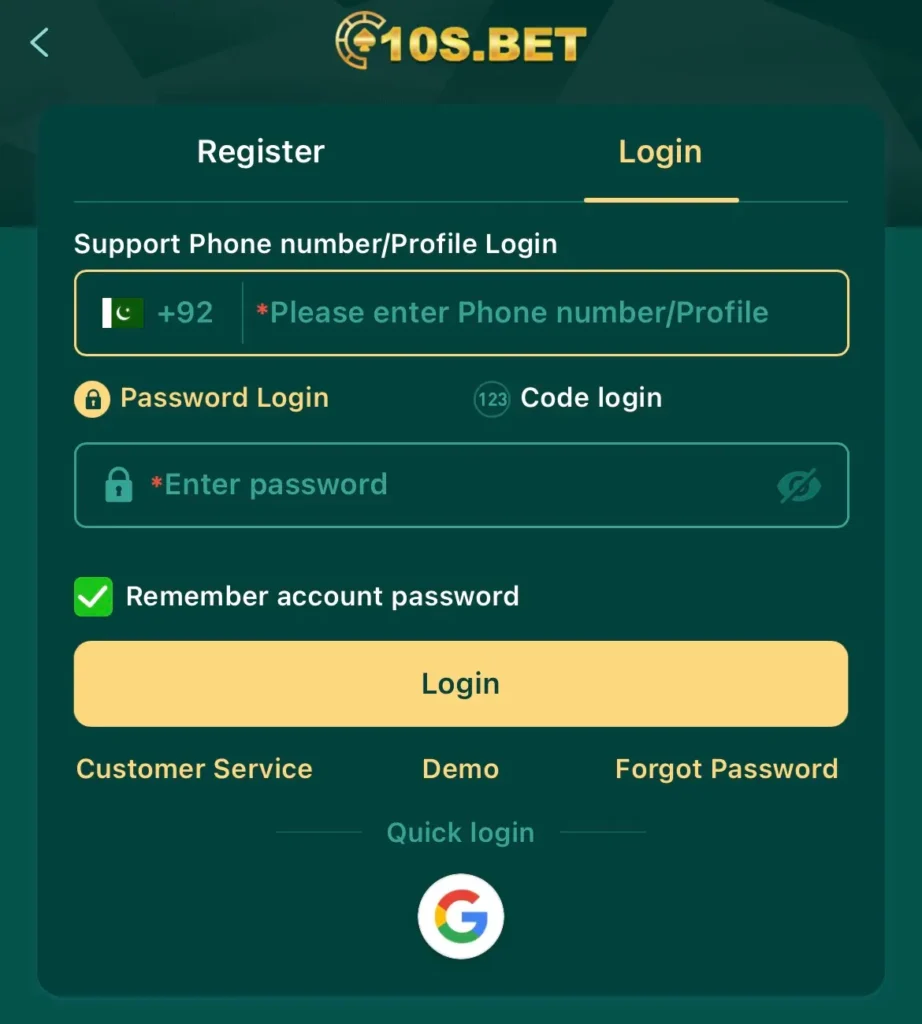 10s Bet registration screen with signup form and login details