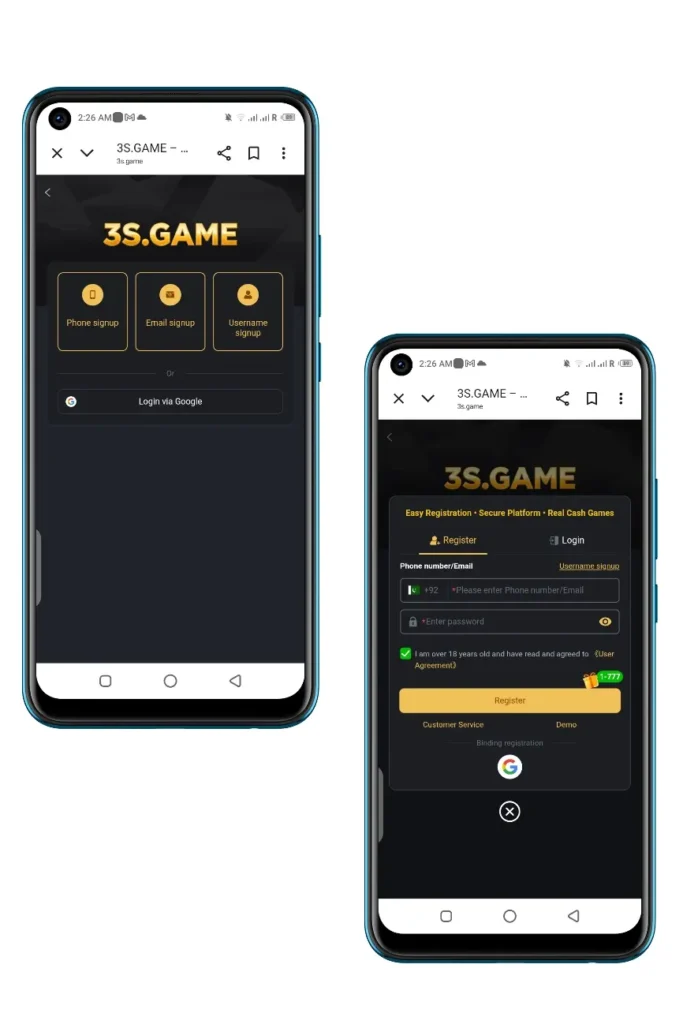 3S Game APK sign-up screen with email and phone options