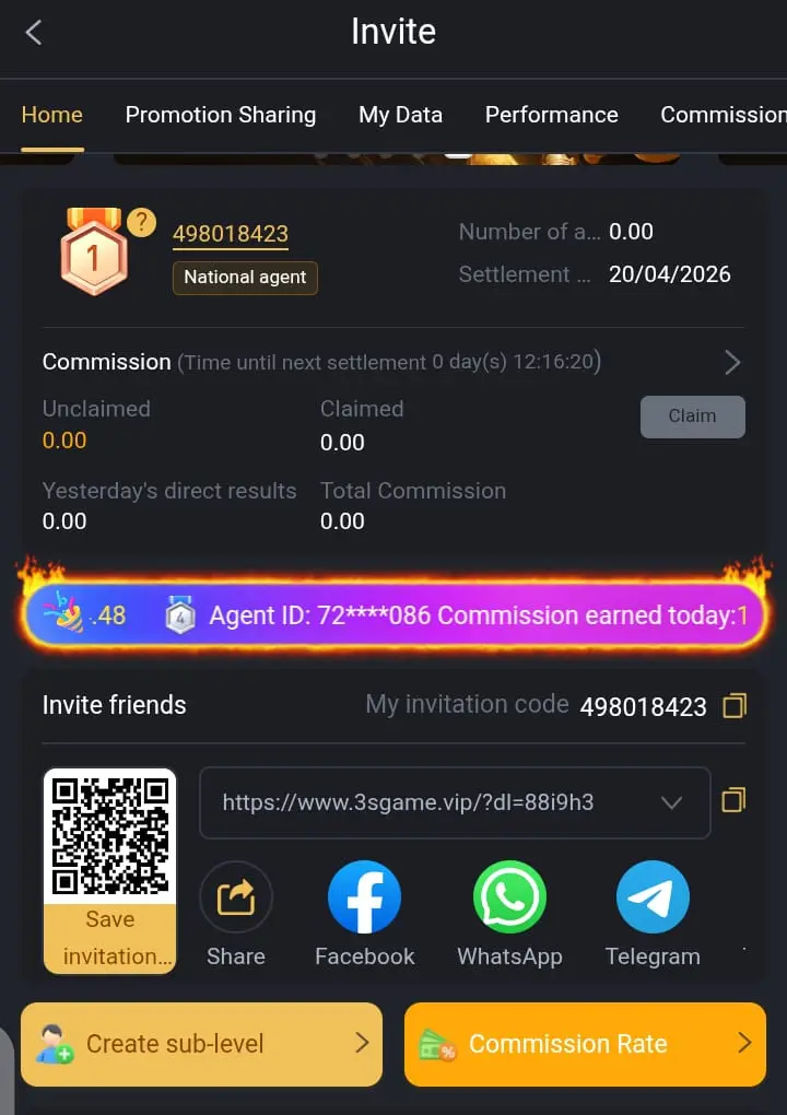 3s game Referral screen showing invite link and commission details