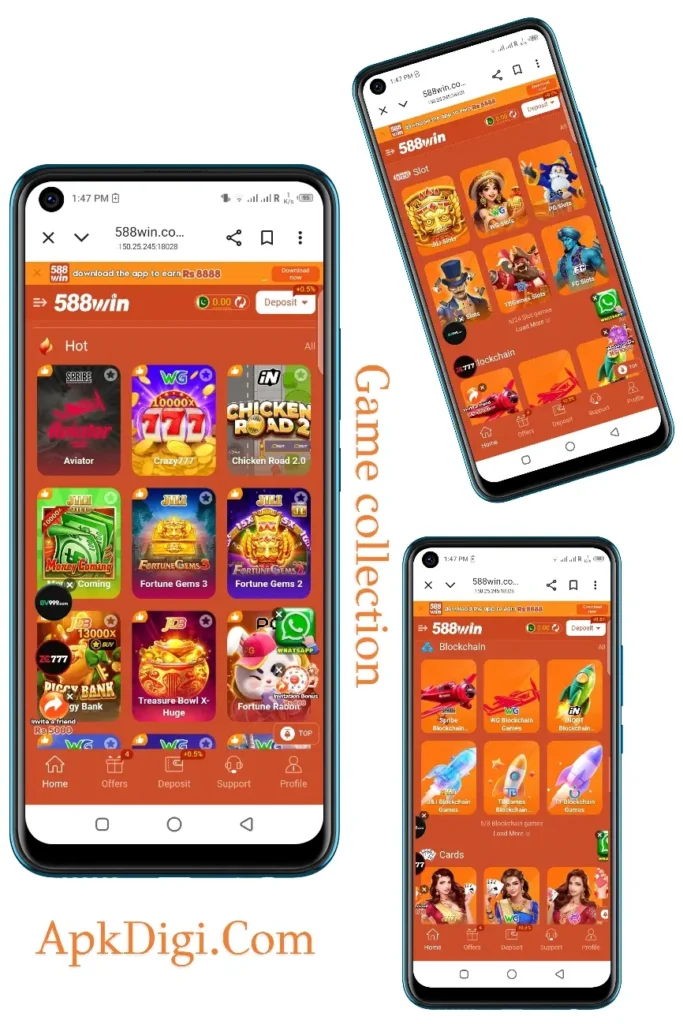 588 Win Game APK latest version 2026 showing hot, slot, card, and live games