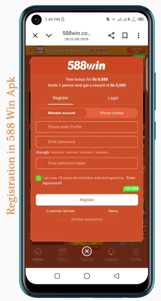 588 Win Game APK registration screen showing signup process in Pakistan