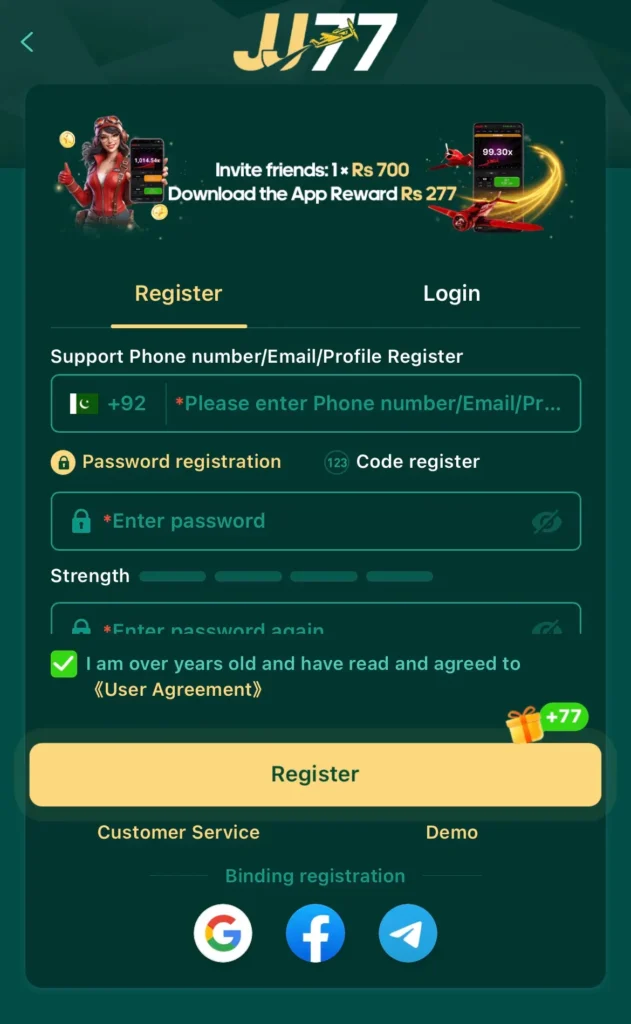 JJ77 Game registration form showing mobile number and password fields - apkdigi