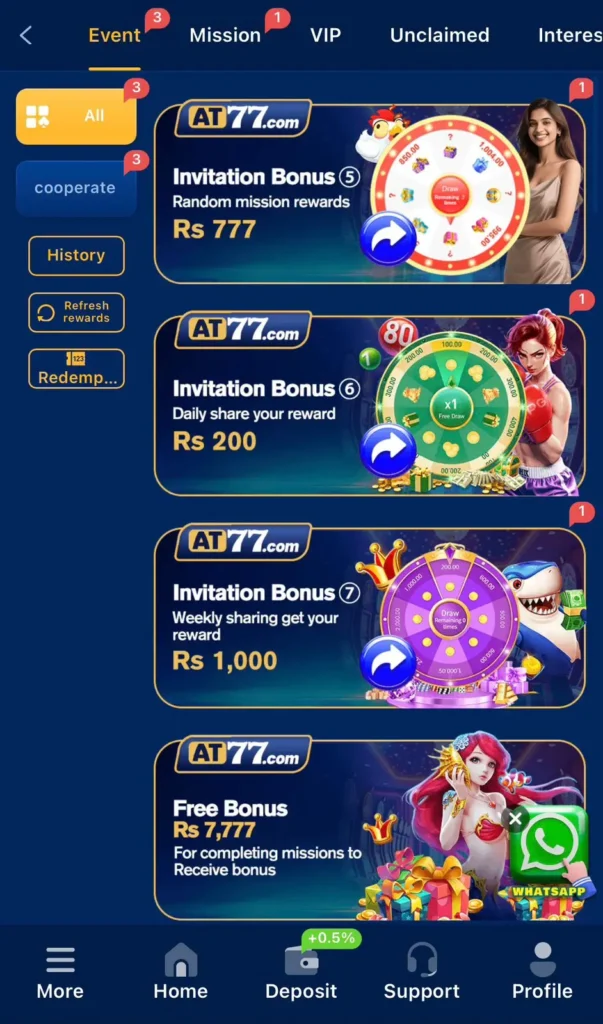  AT77 game APK bonuses and rewards screen showing welcome bonus daily rewards and jackpots