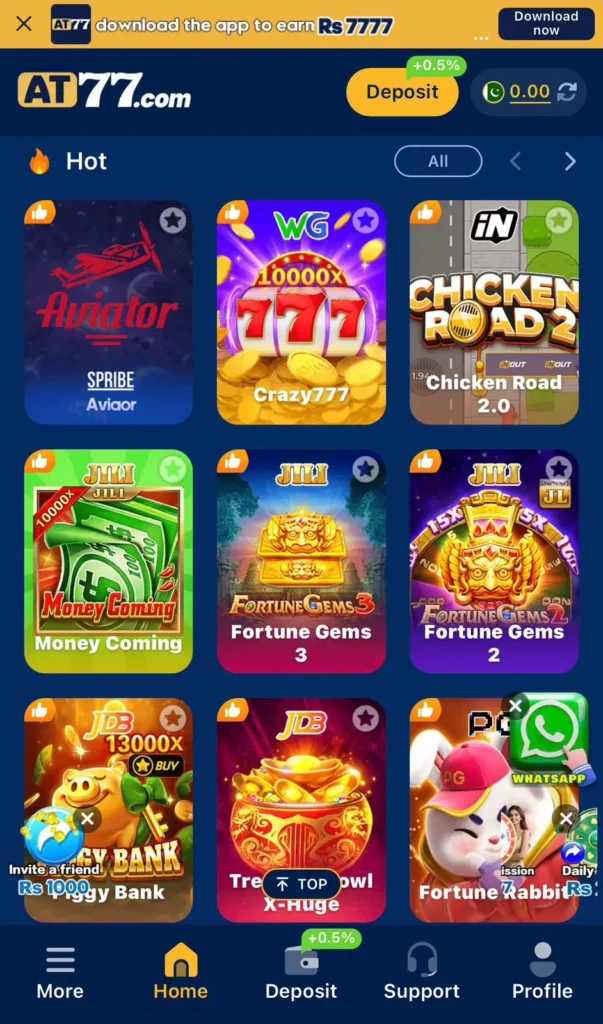 AT77 game APK games section showing all available games to play and earn money