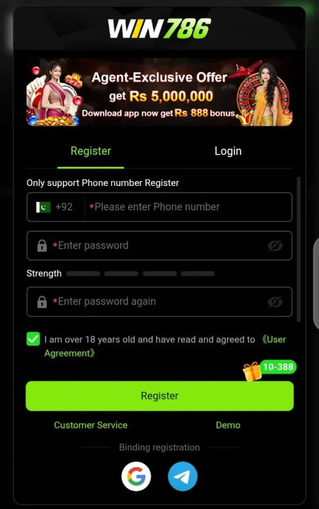 Win786 game APK registration screen – how to create an account in Pakistan