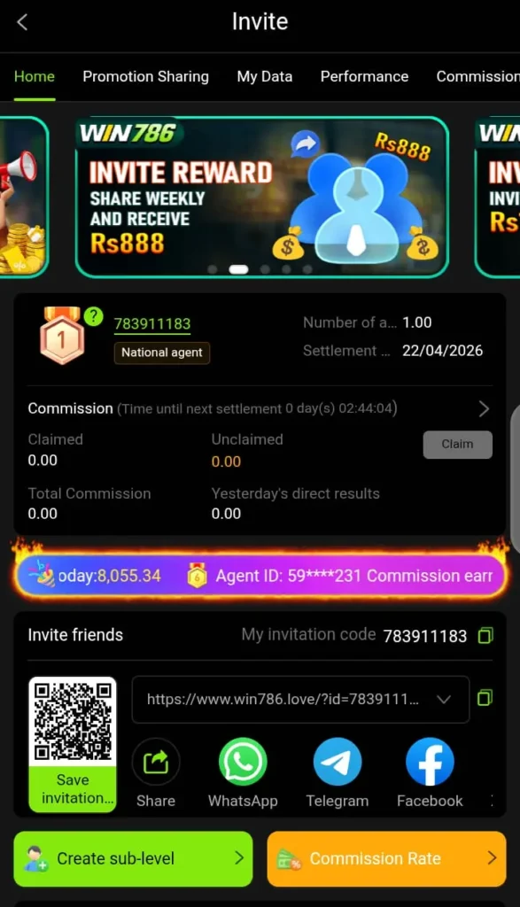 Win786 GAME APK referral program – invite friends and earn commission in Pakistan