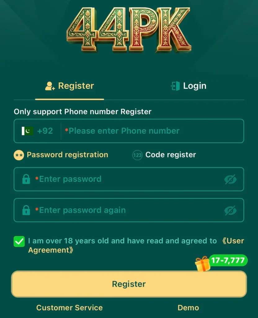 44pk apk registration and login screen