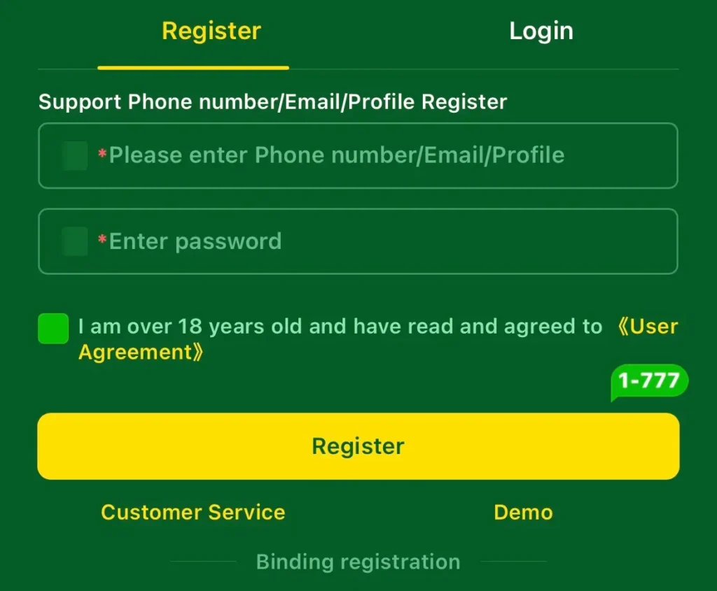 666ep game APK registration screen showing signup form with username and phone number fields