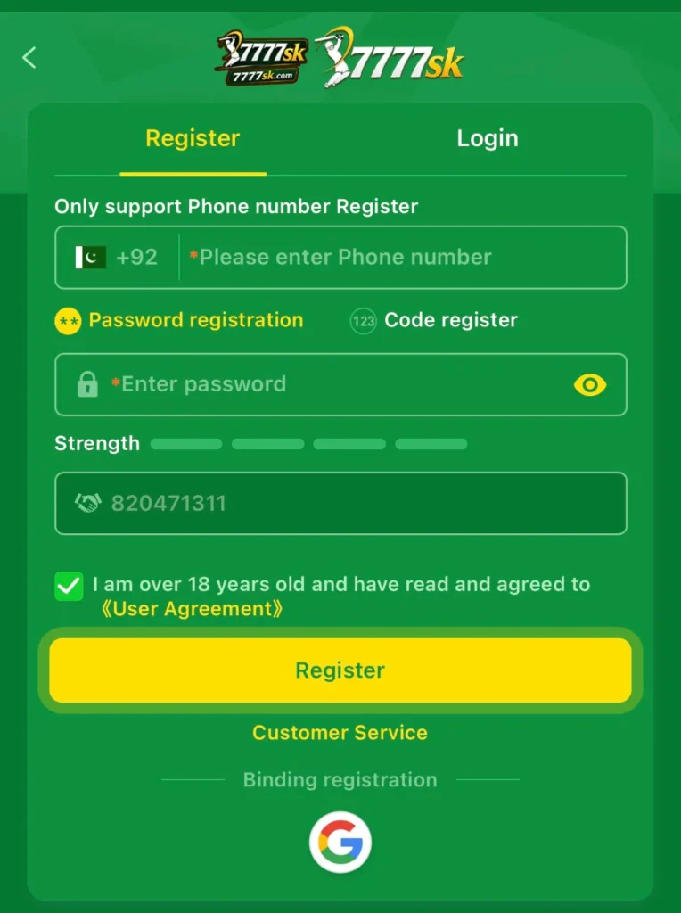 7777sk app registration and login 