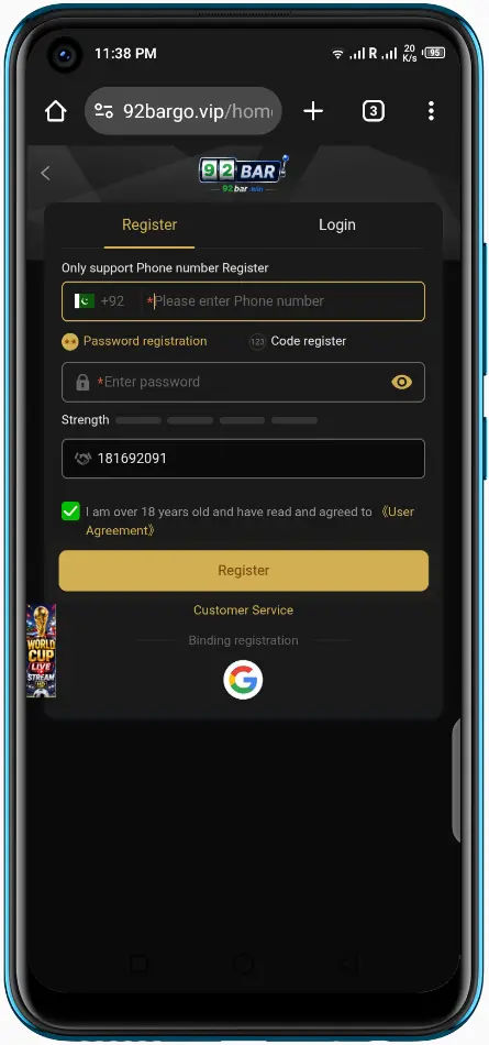 92bar app registration and login screen