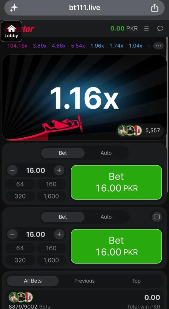BT111 aviator game interface