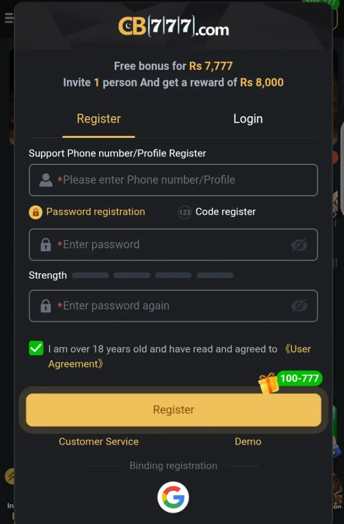 CB777 APK register – create your free account on CB777 game APK in Pakistan