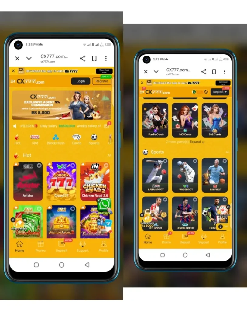 CX777 Game APK game categories including slots, cards, fishing and blockchain
