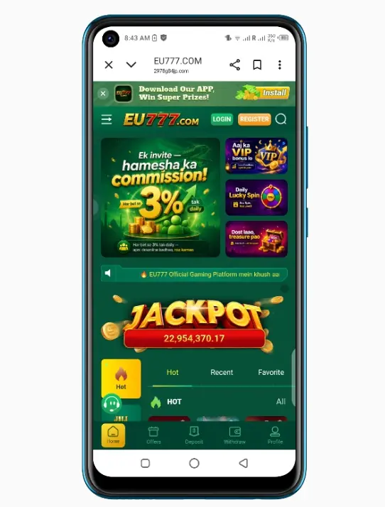 main dashboard of eu777 game App