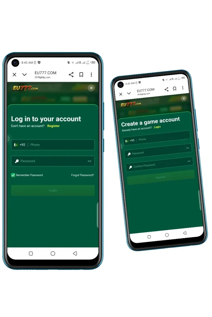 secure registration and login interface on the eu777 game apk
