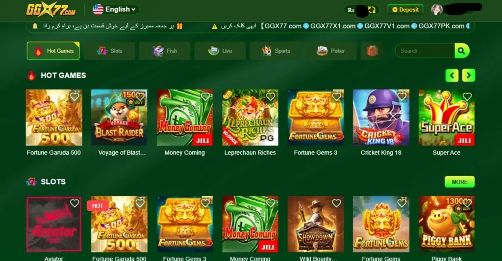 Available game catgories and games in ggx77 app
