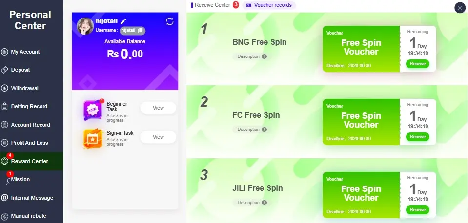 rewards and bonuses in reward center of ggx77 apk