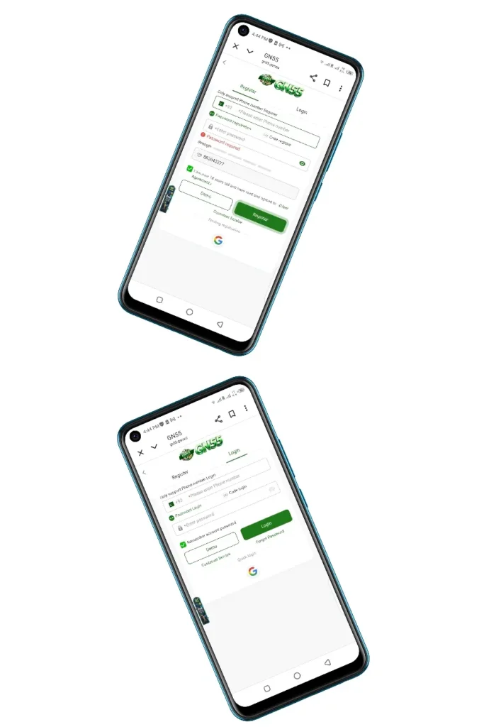 GN55 APK Registration and Login Screen