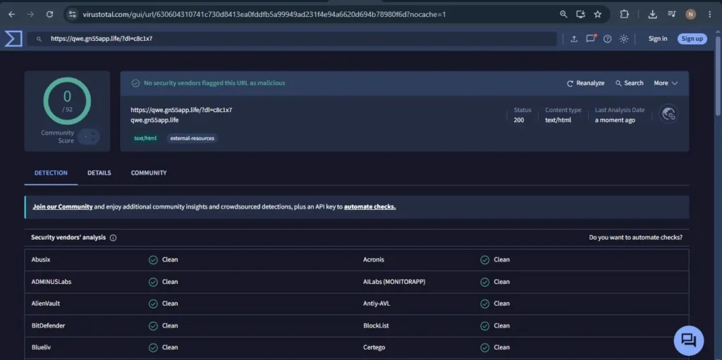 virustotal results for GN55