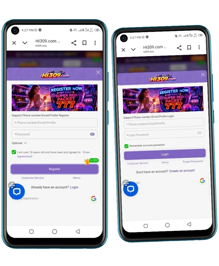 Registration and login screen of HI309 apk