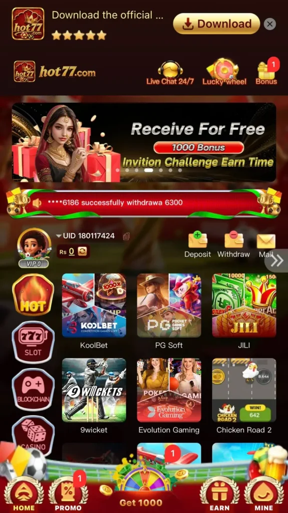 HOT77.COM game categories – 50+ real money games available on HOT77 COM APK