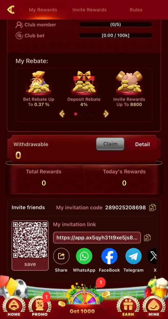 HOT77.COM invite and referral bonus screen – earn rewards on HOT77.COM app