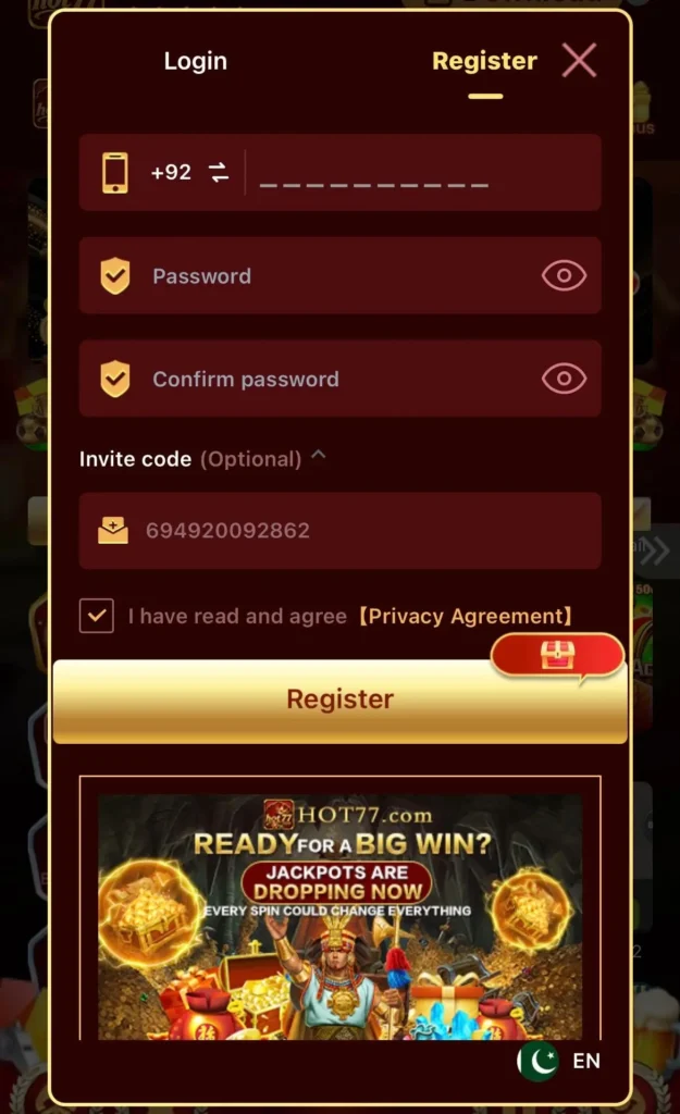 HOT77.COM game APK registration and login screen for Pakistan users