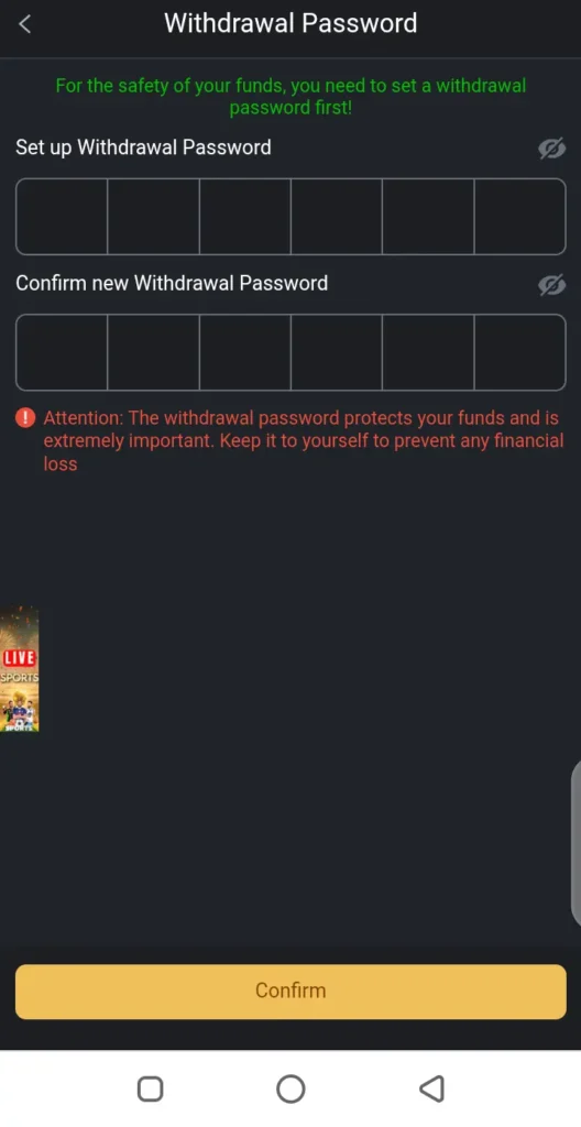 set withdrawal password in m999 game apk