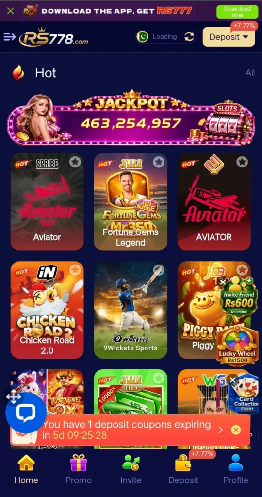 RS778 game categories including slots, fishing, live, and lottery