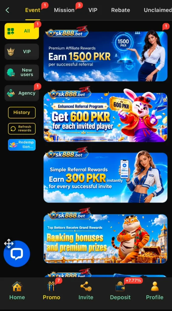 sk888 game APK events and mission interface
