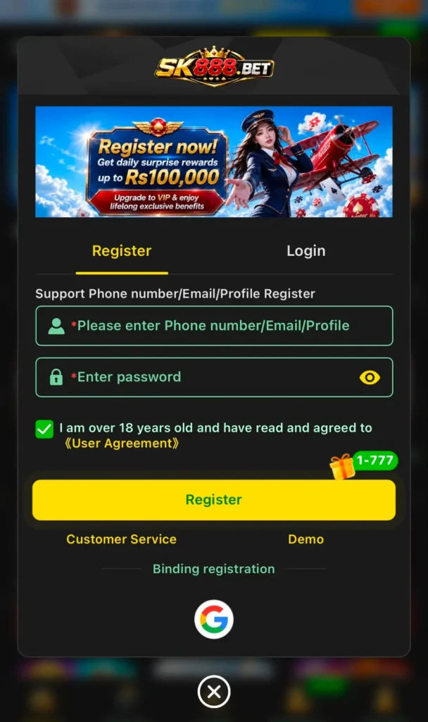 Registration and login user interface on sk888 app