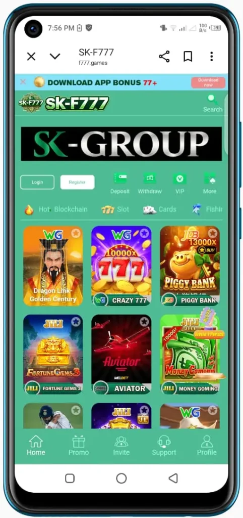 SKF777 game categories including cards, slots, fishing and blockchain games