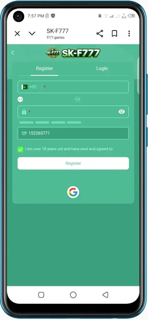 SKF777 app register and login screen